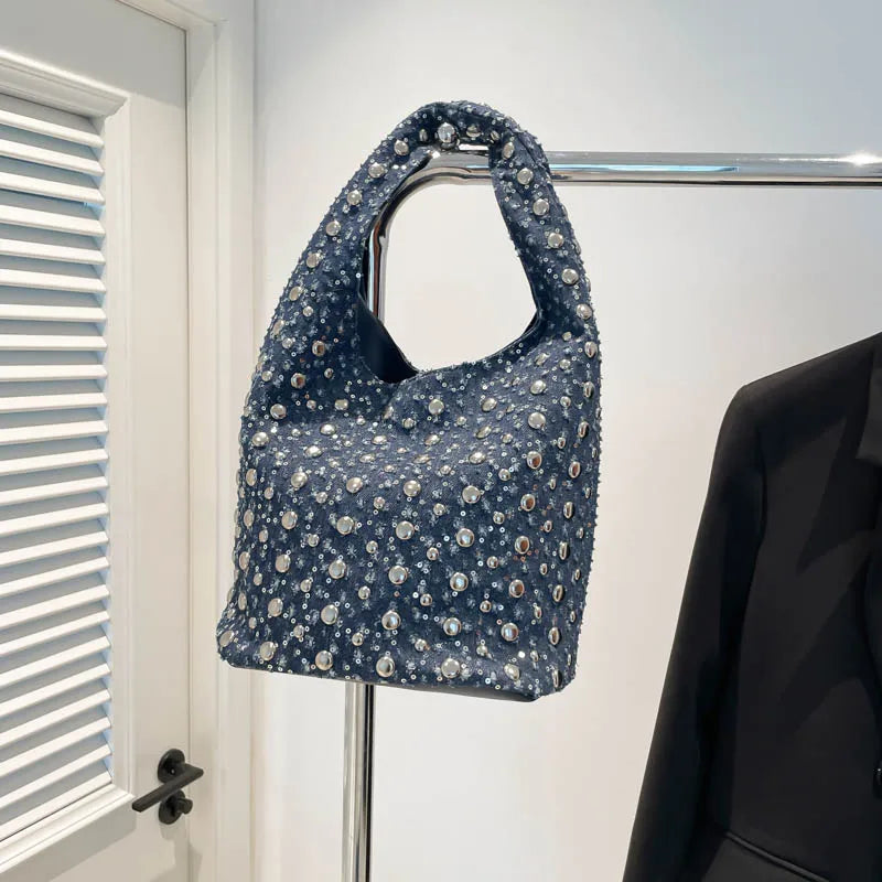 Women's Denim Rivet Bucket Shoulder Bag - Frimunt Clothing Co.