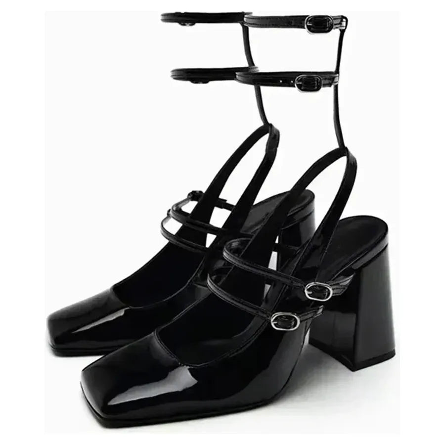 Luxury Designer Women's Ankle Strap Square Toe Chunky High Heels FSlingback Pumps - Frimunt Clothing Co.