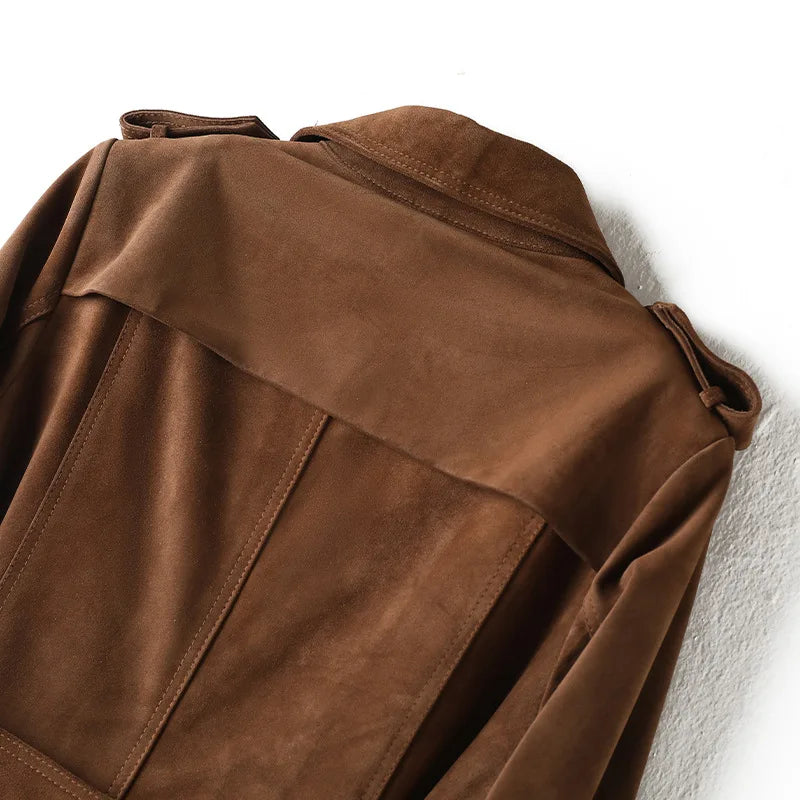 Women's Genuine Leather Suede Long Classic Trench Coat Double Breasted With Belt