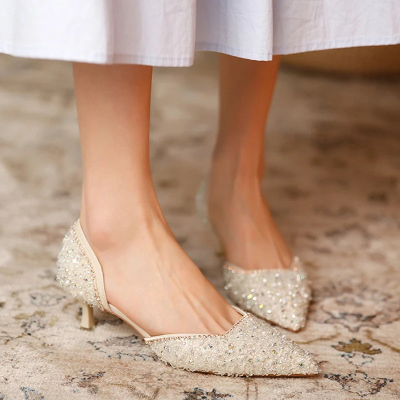 Women's Crystal Pointed Toe Medium Heel Pumps - Frimunt Clothing Co.