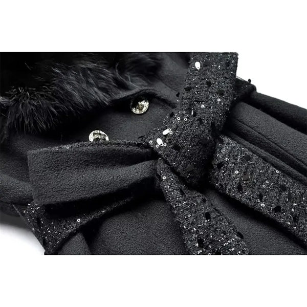 Women's Woolen Thick Coat Removable Fur Collar Strap Waist Glitter Splicing Long Coat