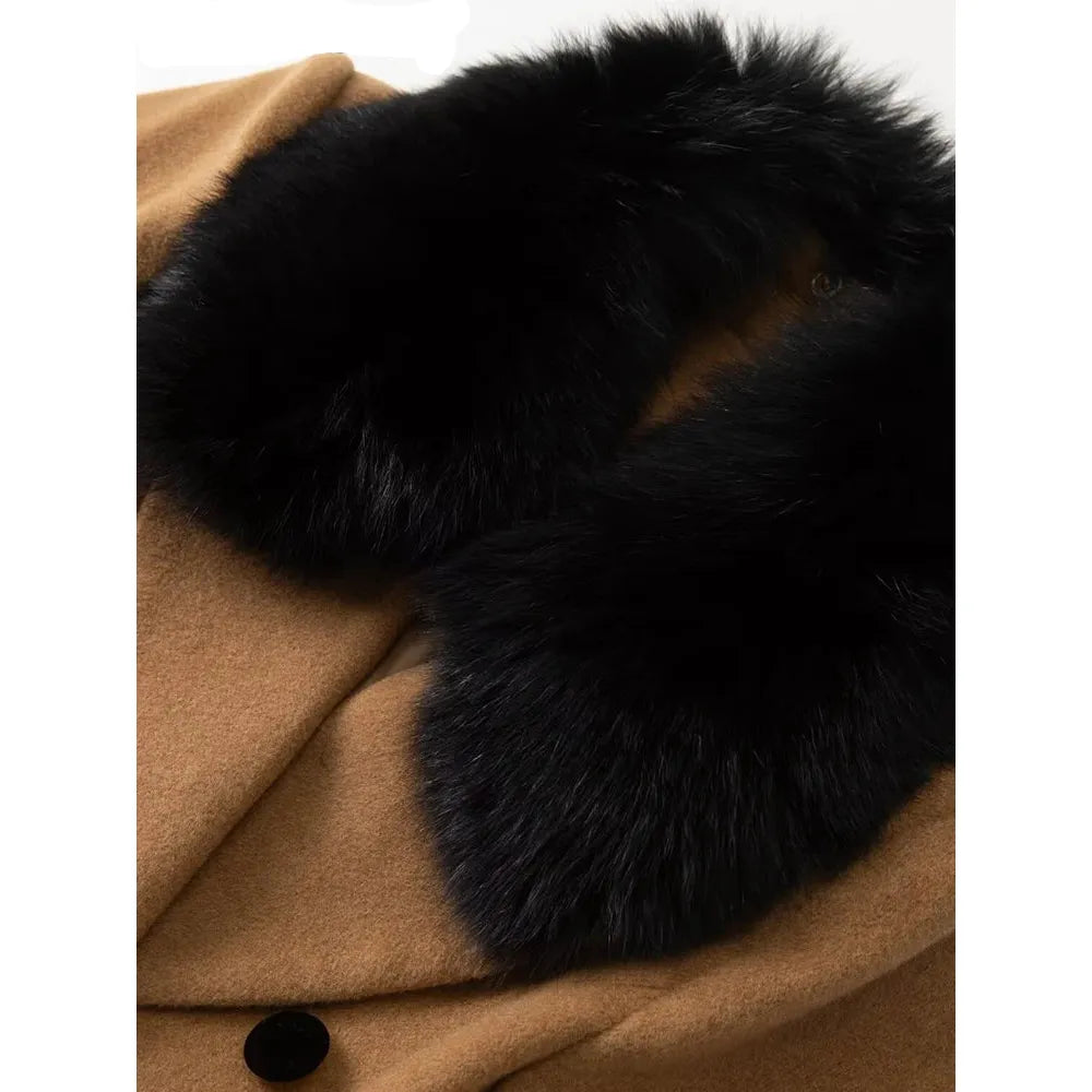 Abrigo de invierno de tweed doble con cuello vuelto y mangas ribeteadas de piel para mujer