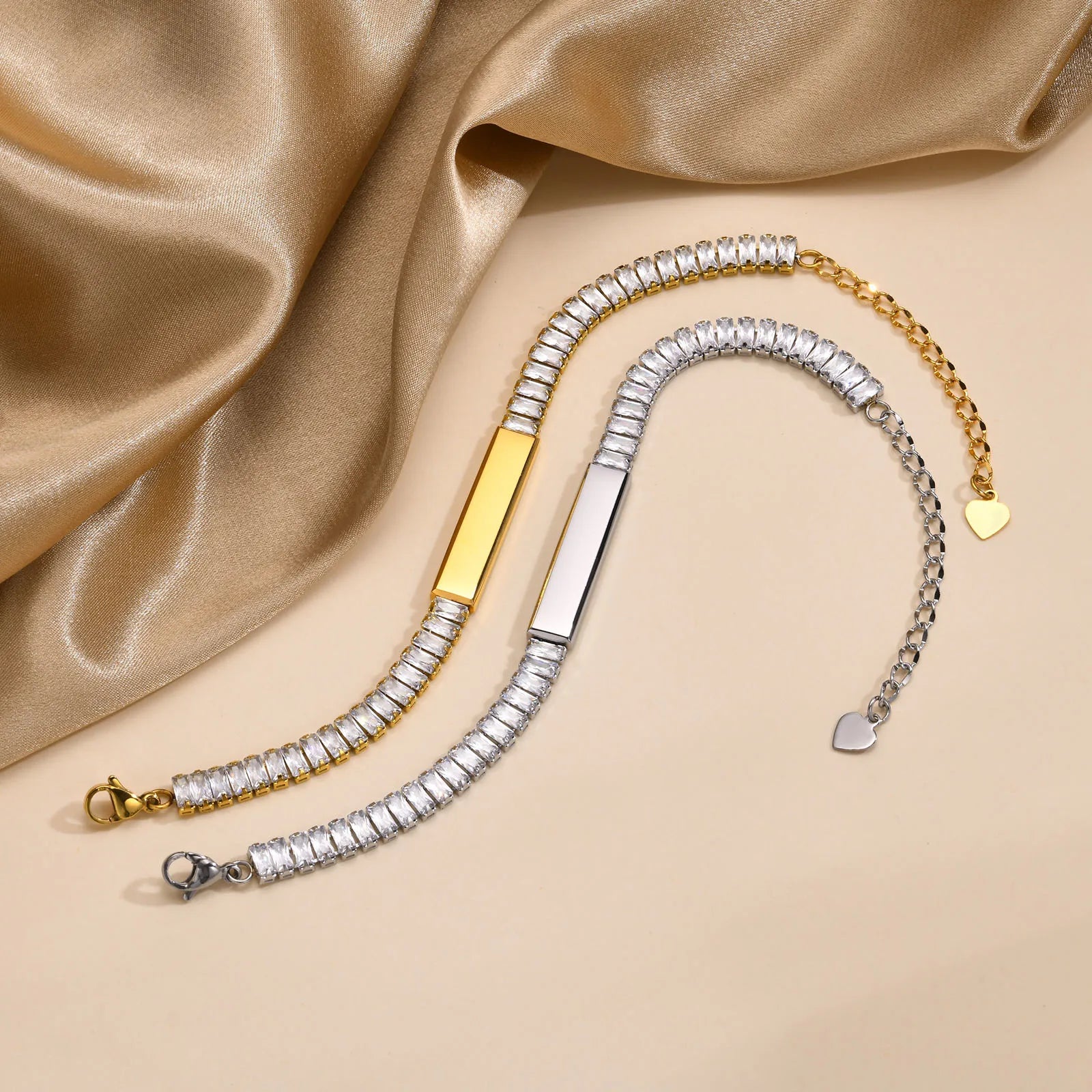 Women's Sparkle ID Bracelet Engraved Bar Personalized Tennis Bracelets Cubic Zirconia Stainless Steel Chain Adjustable 6.3-8.3" - Frimunt Clothing Co.