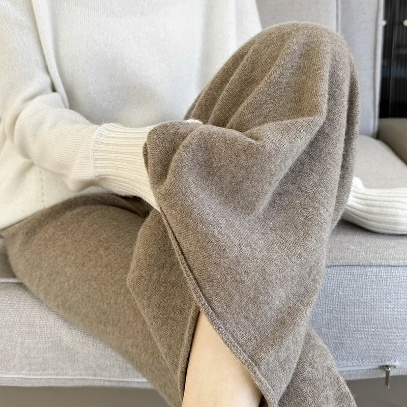Women's Pure Warm Wool Knit Casual High-Waist Loose Hemmed Wide-Leg Fall-Winter Pants