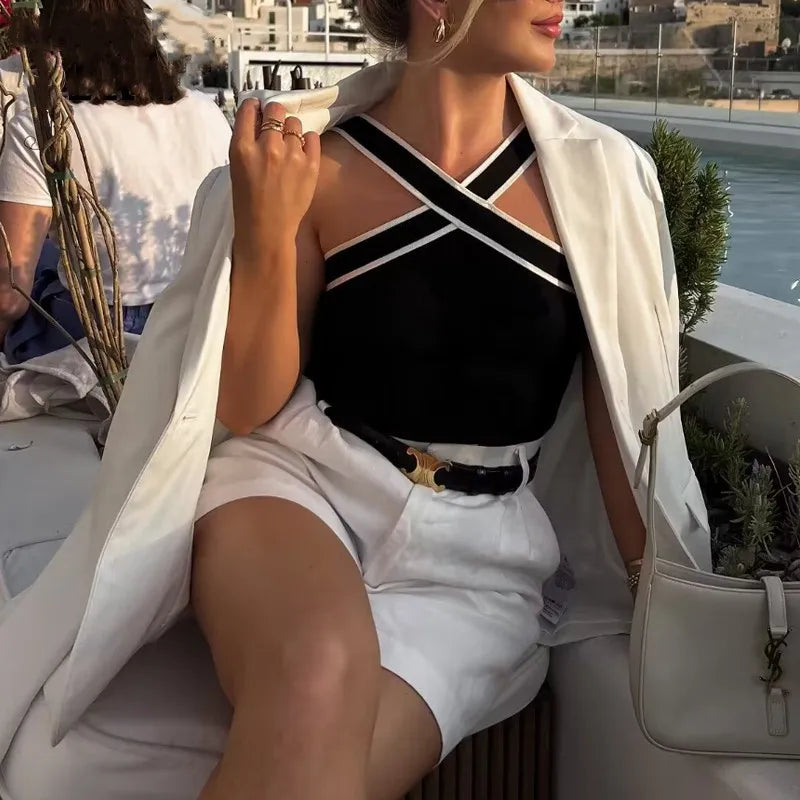 Women's Cross Neck Knit Tank Off Shoulder Open Back Crop Tops - Frimunt Clothing Co.