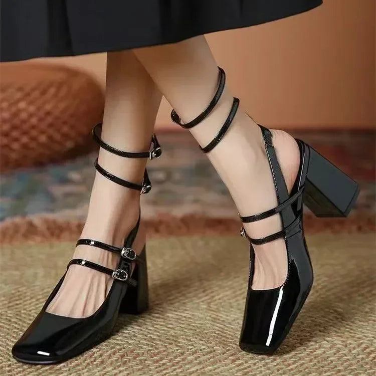 Luxury Designer Women's Ankle Strap Square Toe Chunky High Heels FSlingback Pumps - Frimunt Clothing Co.