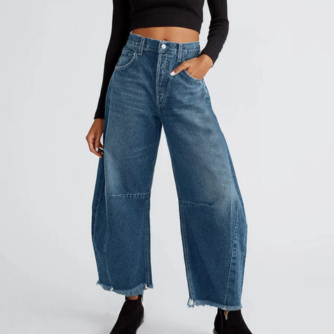 Women's High Rise Barrel Jeans Wide Leg Raw Hem