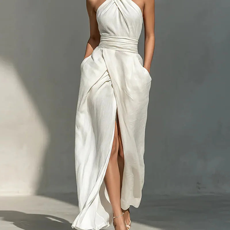 White Criss Cross Halter Elegant Party Dress Ruched Waist Summer Long Dress