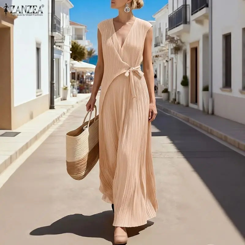 Summer Women Dress V Neck Lace-up Long Maxi Dresses