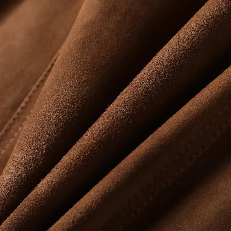 Women's Genuine Leather Suede Long Classic Trench Coat Double Breasted With Belt