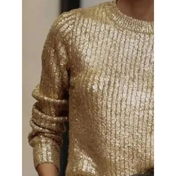 Round Neck Women Autumn Winter Knit Gold Pullover Sweater - Frimunt Clothing Co.
