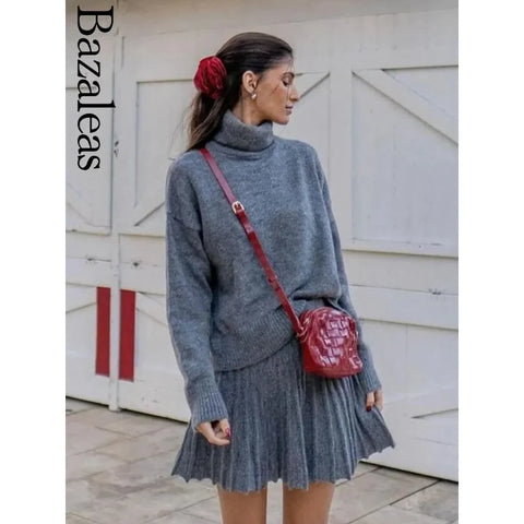 Women's Knit Grey Loose Turtleneck Pullover Sweater + Skirt Set