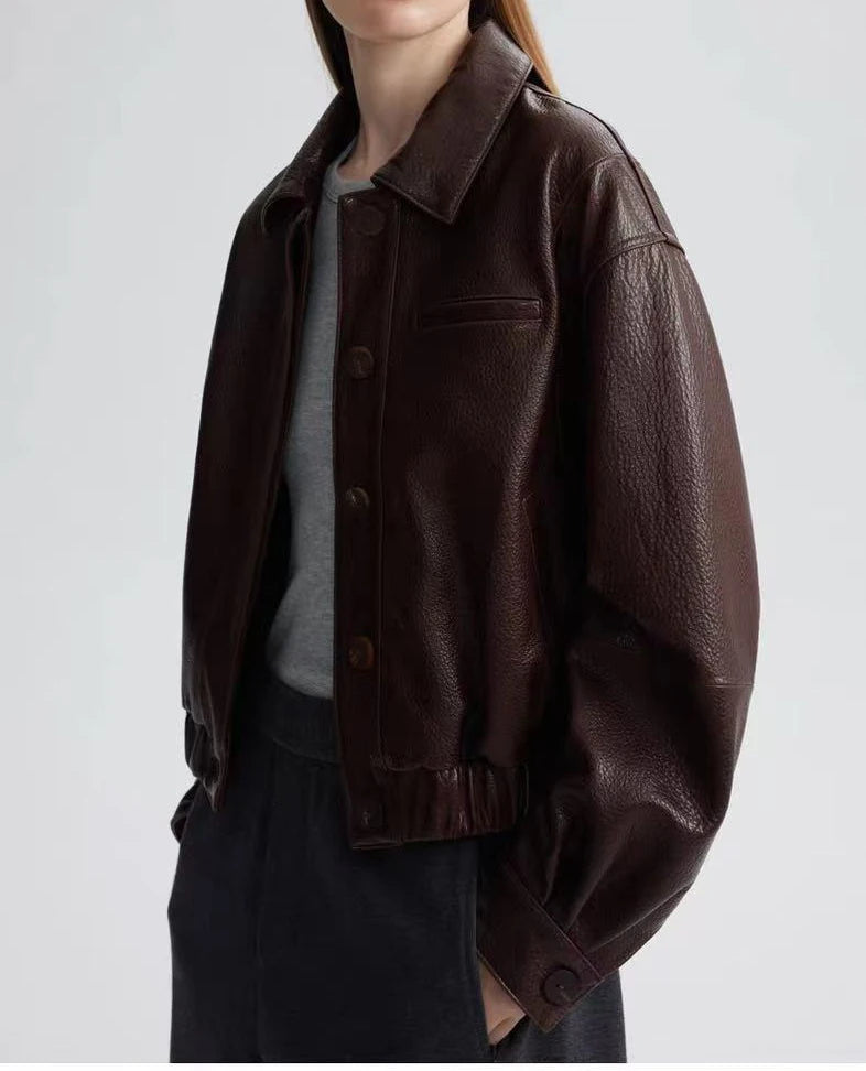 Retro Genuine Leather Short Bomber Jackets for Women Bubble Texture