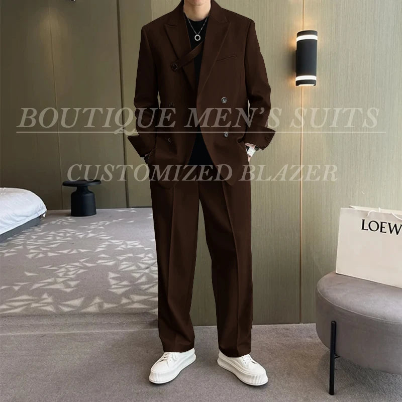 Men Fashion Double Breasted Loose Casual Suits Blazer Wide Leg Pants - Frimunt Clothing Co.