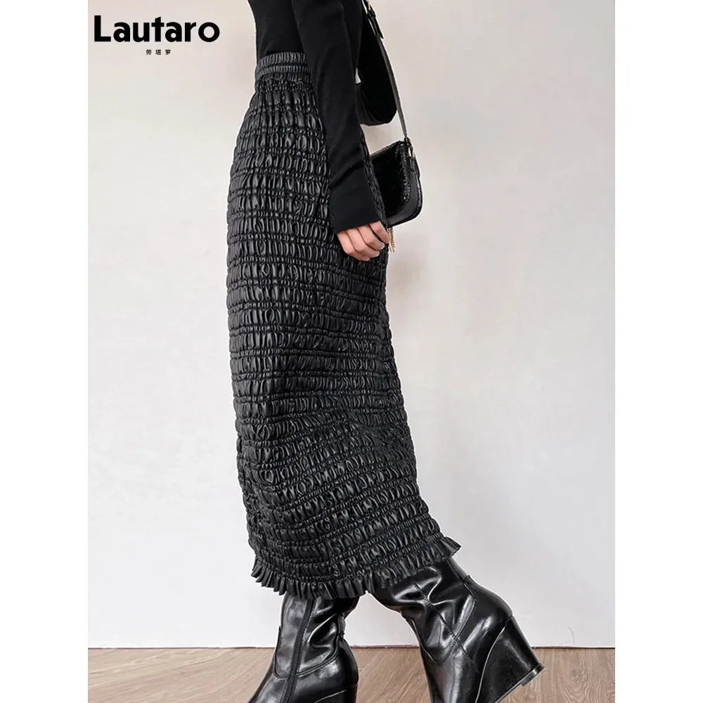 Women's Black Stretchy Faux Leather Midi Smocked Skirt - Frimunt Clothing Co.