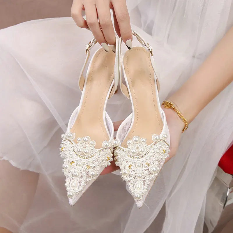 French Lace Wedding High Heels Pearls Bride Shoes - Frimunt Clothing Co.