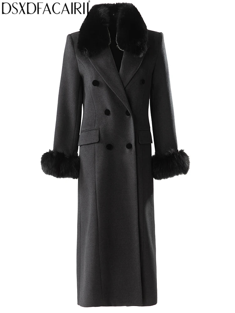 Abrigo de invierno cruzado con cuello de piel desmontable y solapa negra para mujer