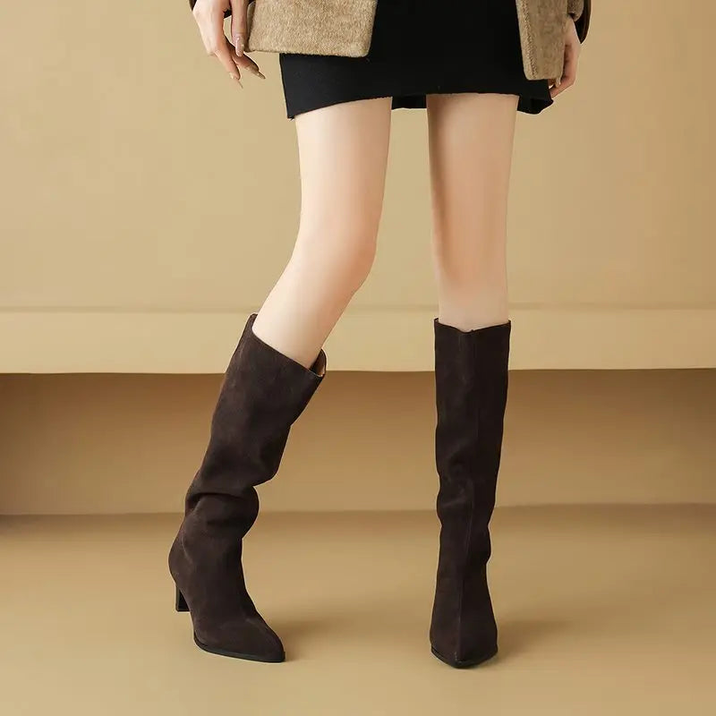 Women's Cow Genuine Leather High Heels Knee High Pointed Toe Winter Boots - Frimunt Clothing Co.