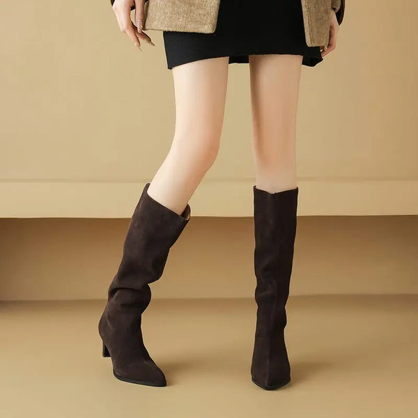 Women's Cow Genuine Leather High Heels Knee High Pointed Toe Winter Boots - Frimunt Clothing Co.