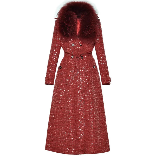 Women's Fur Collar Double Breast Buckle Tie Waist Sequined Long Thick Coat
