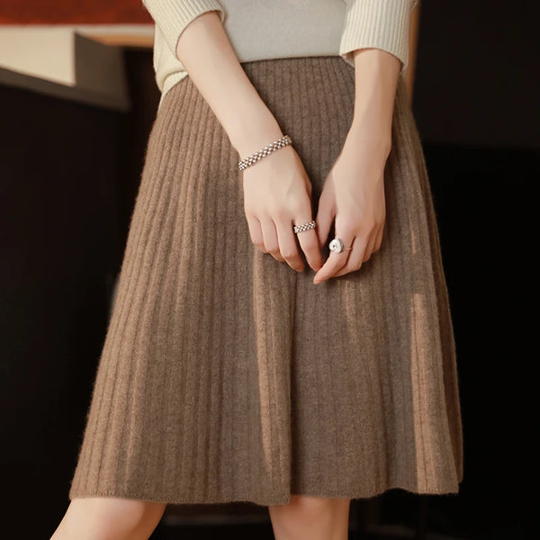Women's Winter 100% Cashmere Wool Knitted Skirt Solid Colors Pleated A Line