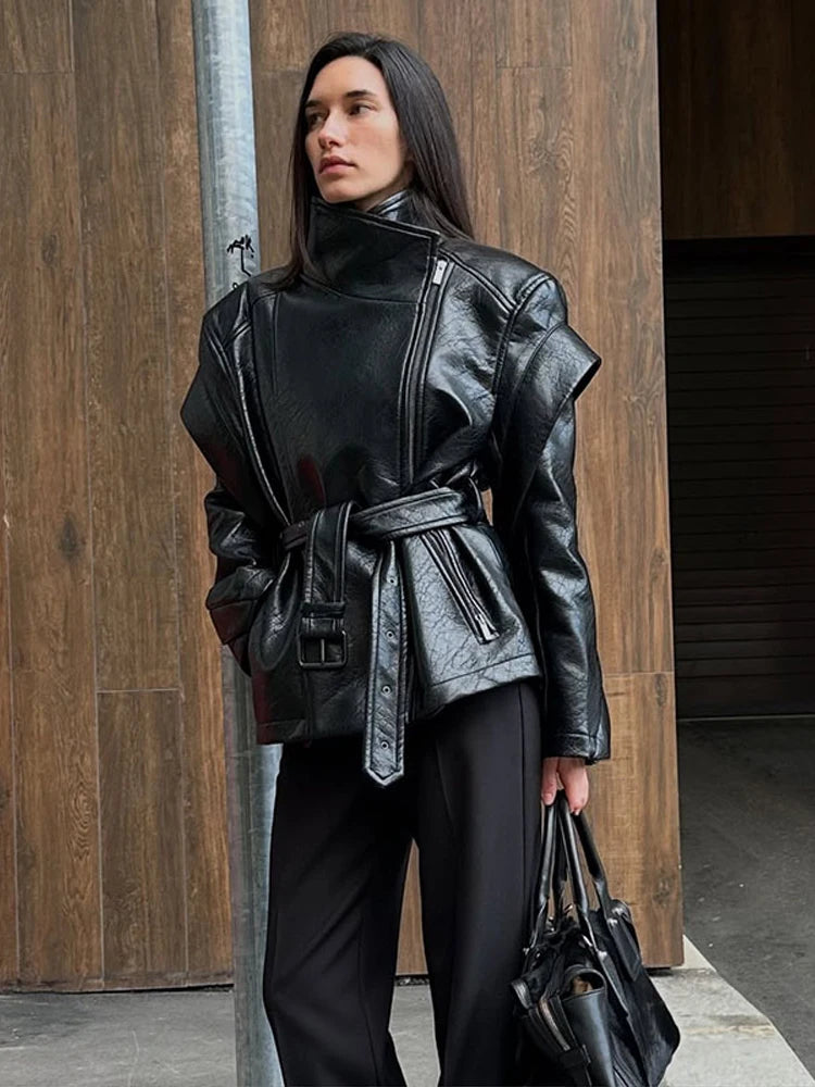 Women's Lace Up Side Zipper Stand Collar Long Sleeve Eco Leather Jacket