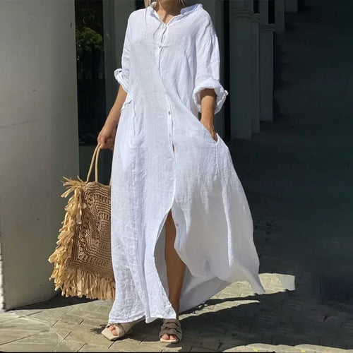 Summer Buttoned Front Oversize Long Dress With Pockets - Frimunt Clothing Co.