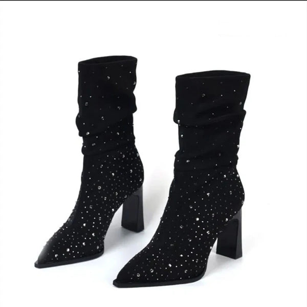 Women's Fashion High Heel Pointy Suede Sleeve Sequined Pleated Boots