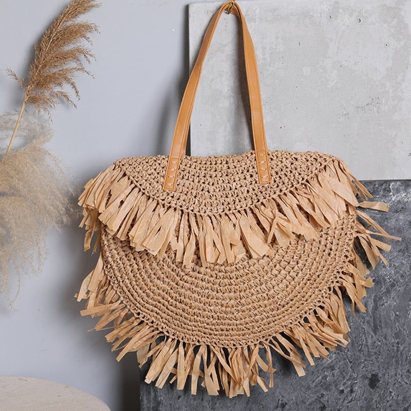 Summer Beach Simple Tassel Straw Shoulder Bag Woven Design Handbag Round Or Square Large Capacity Tote