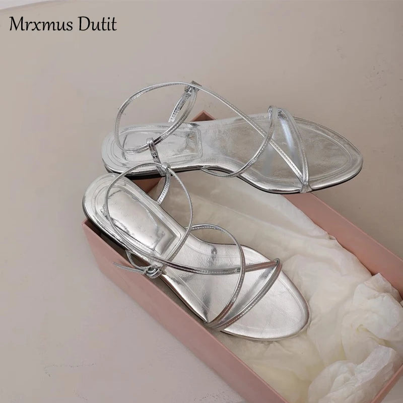 Women's Summer New Metallic Genuine Leather Multi-Strap Design Flat Sandals - Frimunt Clothing Co.