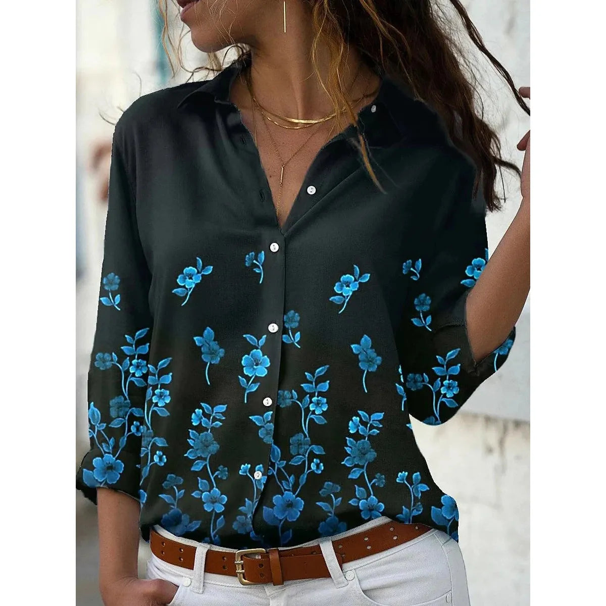 Women Casual Elegant Loose Long Sleeve Floral Shirts - Frimunt Clothing Co.