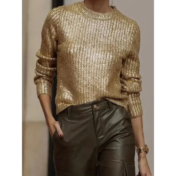Round Neck Women Autumn Winter Knit Gold Pullover Sweater - Frimunt Clothing Co.