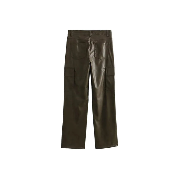Women's Faux Leather High Waist Cargo Pants Straight Leg - Frimunt Clothing Co.