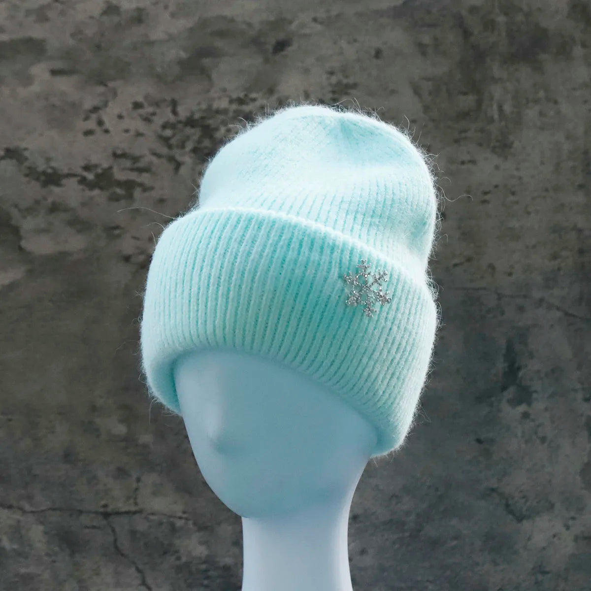 Women's Winter Knit Cuff Hat Real Warm Rabbit Hair Snowflake Pin Solid Colors - Frimunt Clothing Co.