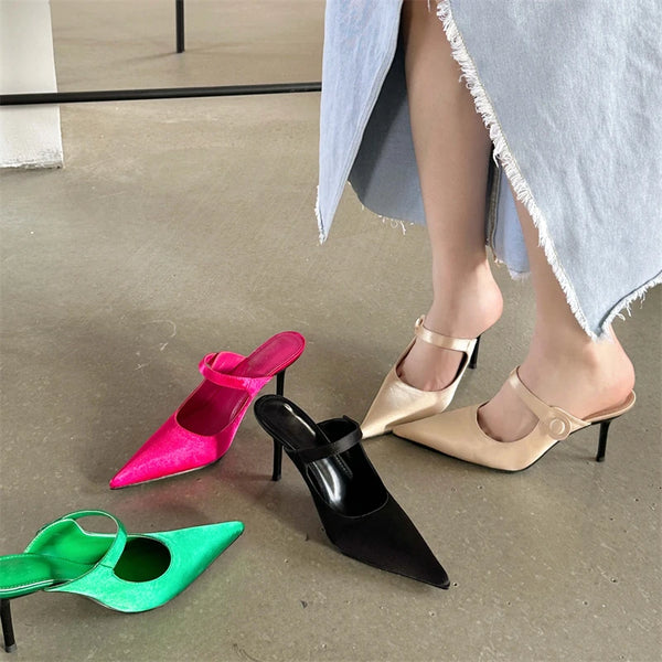 Women's High Heels Pointed Toe Silk Mules