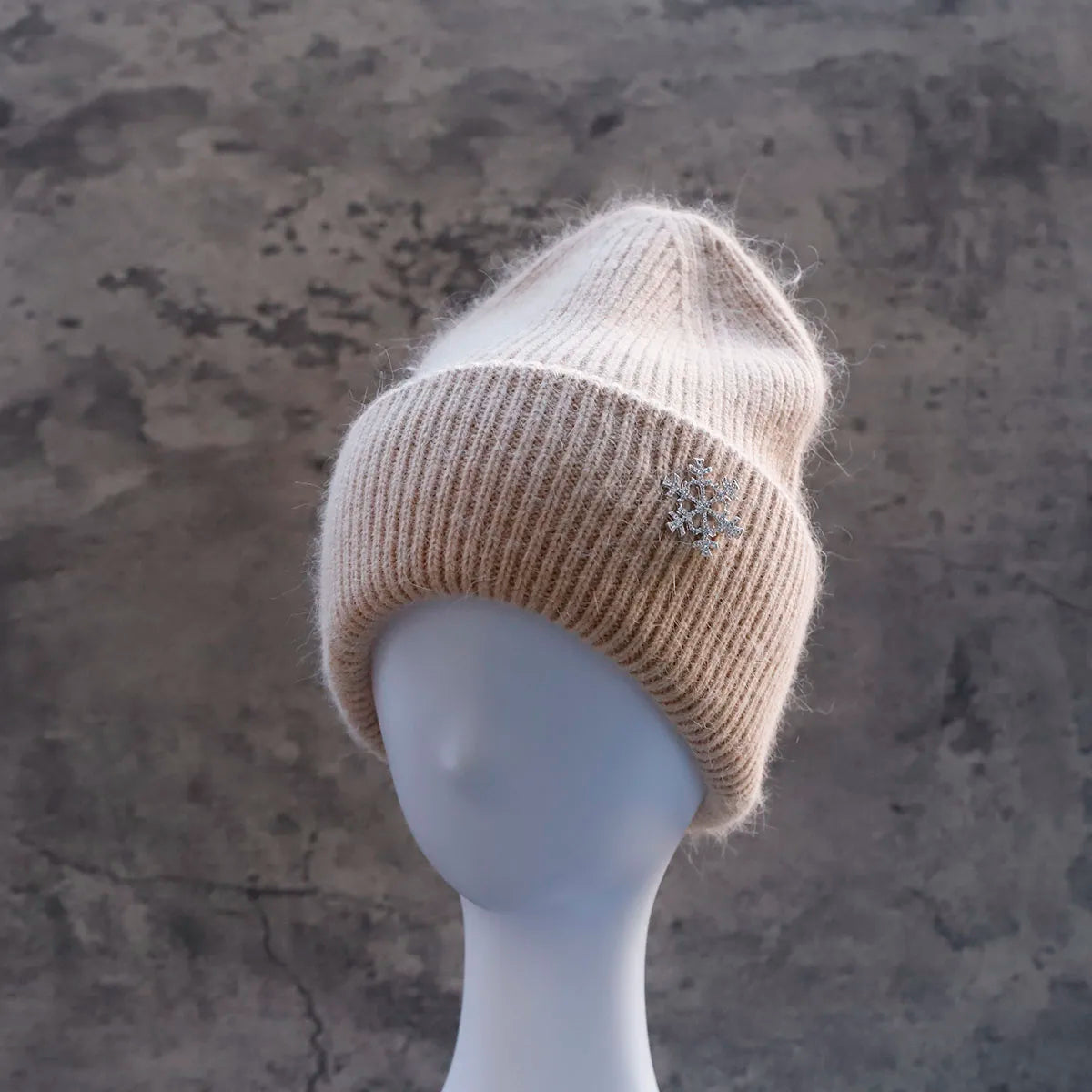 Women's Winter Knit Cuff Hat Real Warm Rabbit Hair Snowflake Pin Solid Colors - Frimunt Clothing Co.