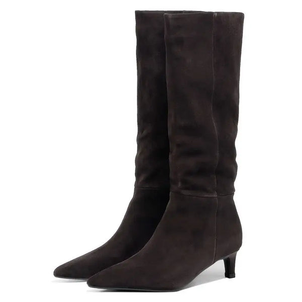 Women's Cow Suede Leather Knee High Boots Pointed Toe Pull On Mid Heels - Frimunt Clothing Co.