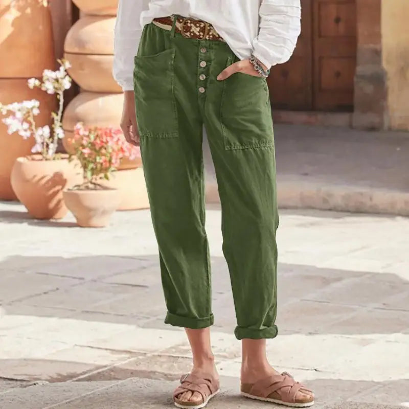 Women's Boho Style Cotton Linen Trousers Loose Fit Solid Color - Frimunt Clothing Co.