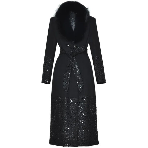 Women's Woolen Thick Coat Removable Fur Collar Strap Waist Glitter Splicing Long Coat