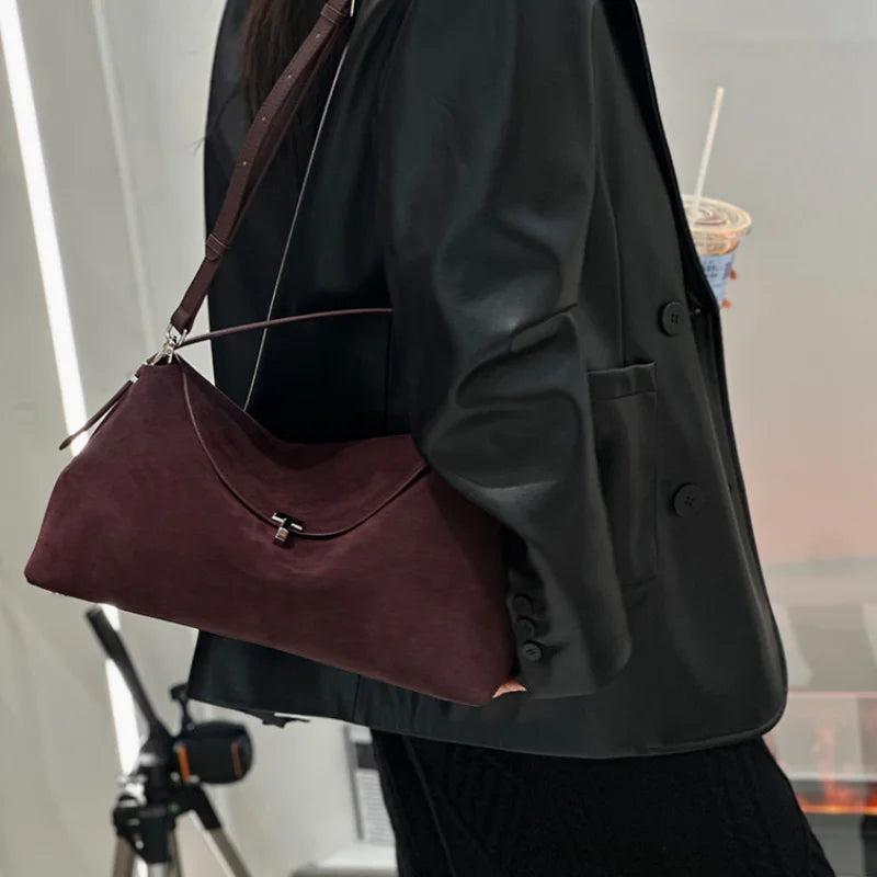 Bolso de mano T Lock para mujer de piel de ante natural