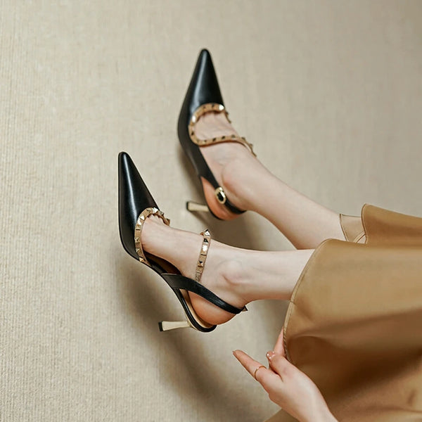 Women Pointed Toe Rivet High Heels Genuine Leather Shoes - Frimunt Clothing Co.