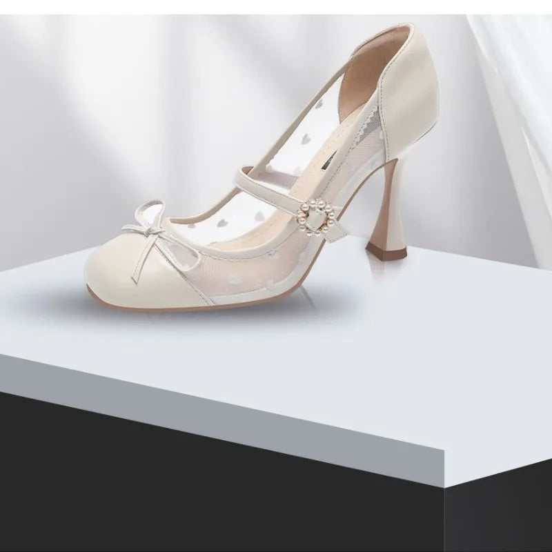 Women's Leather and Mesh High Heels Mary Jane Pumps - Frimunt Clothing Co.
