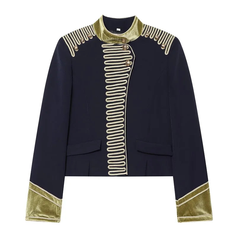 High Neck Cropped Velvet Napoleon Style Jackets Fireman Clasp