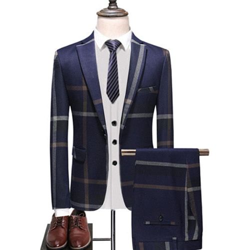 Blazer+Pants+Vest 3 Pieces Men's Business Casual Fashion Plaid Suit