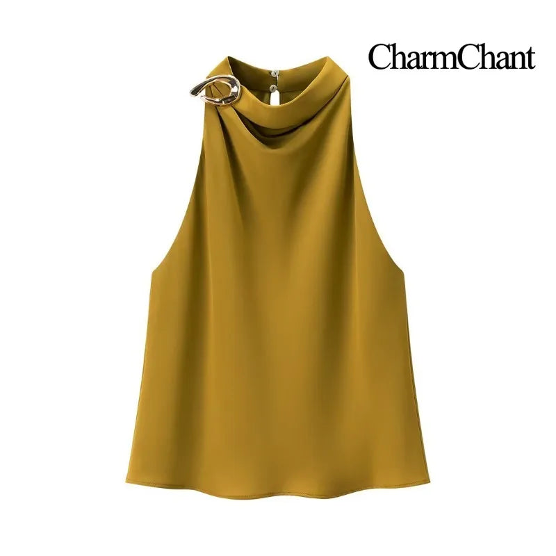 Women's Satin Halter Neck Tops Elegant Side Neck Buckle Sleeveless Blouse