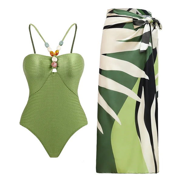 Women Swimsuit Natural Stones Bathing Suit Set One Piece Skirt Luxury Swimwear - Frimunt Clothing Co.