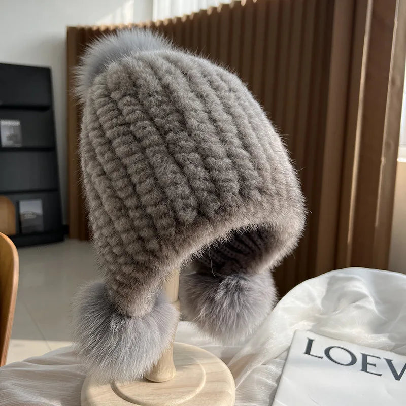 Winter Hot Sale Real Mink Fur Knitted Hat For Women With Fur Pompoms - Frimunt Clothing Co.