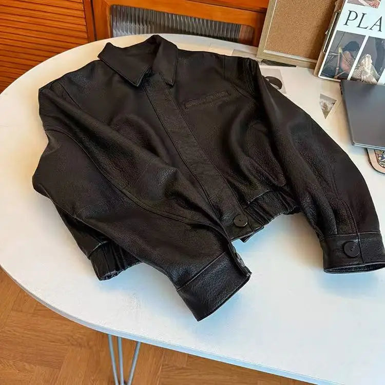 Retro Genuine Leather Short Bomber Jackets for Women Bubble Texture