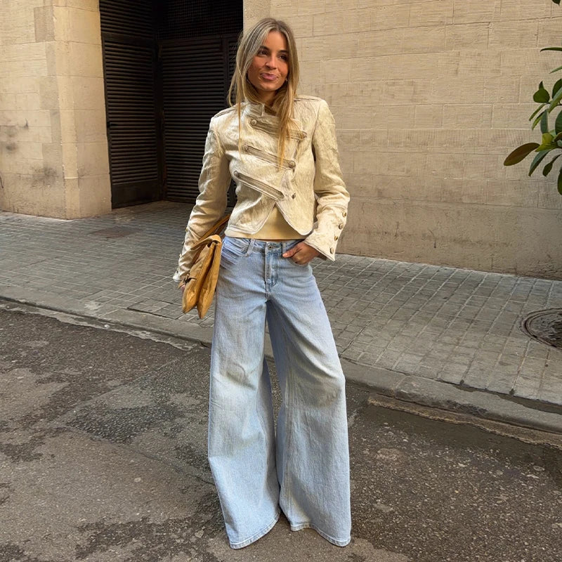 Chic Golden Toggle Button Cropped Jacket Padded Shoulder