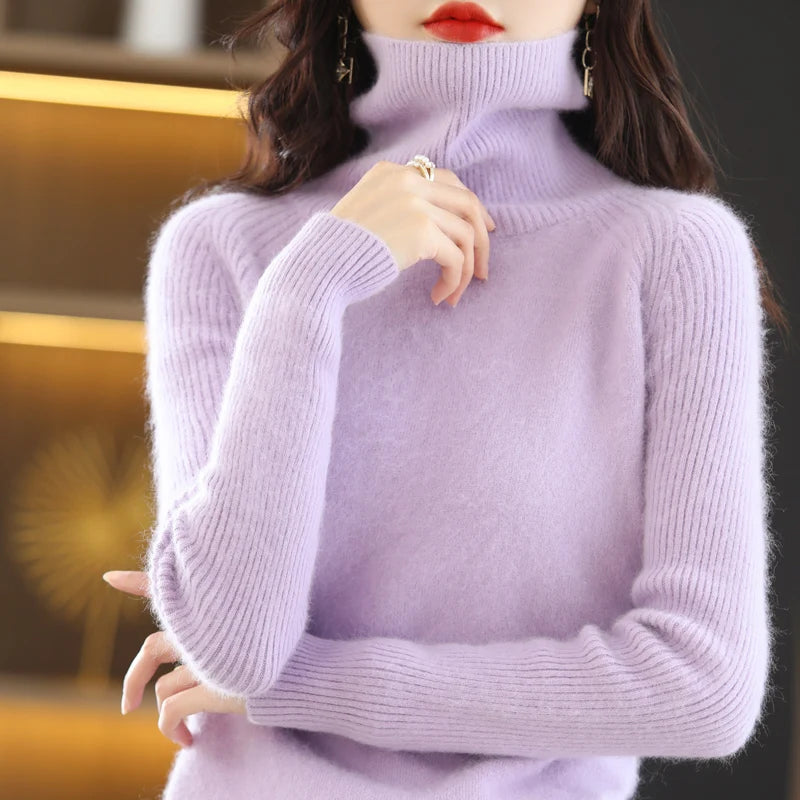 Women's Sweater 100% Mink Cashmere High Neck Knitted Soft Warm
